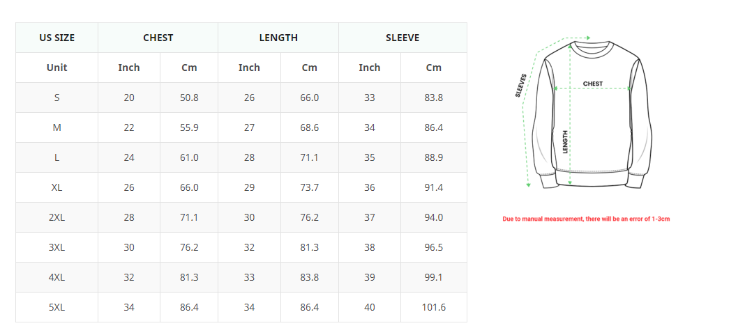 Sweatshirt Size Chart Sweatshirt